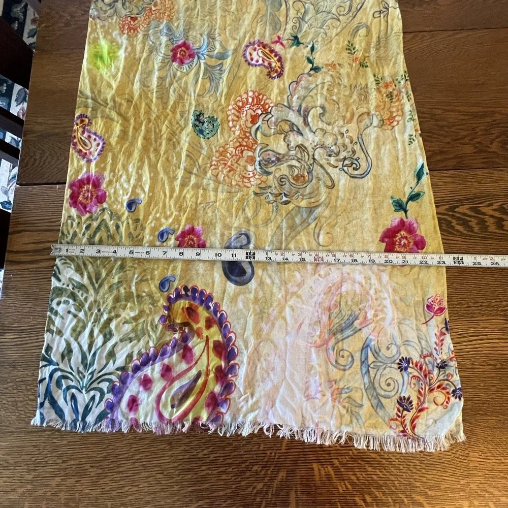 Chico's Floral Paisley Square Scarf Sheer Raw Hem Yellow Multi-Color Lightweight